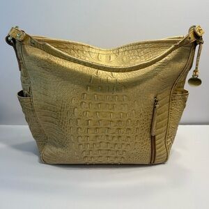 Brahmin Large Handbag Purse Croc Embossed Leather Shoulder Strap Natural Tan